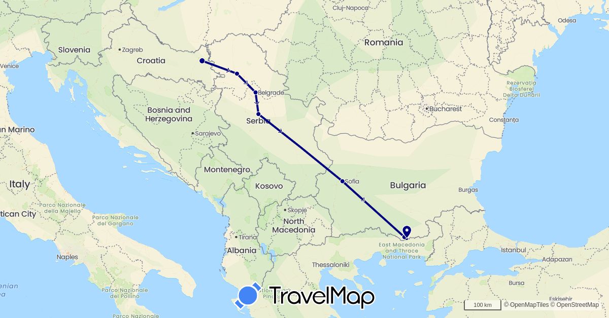 TravelMap itinerary: driving in Bulgaria, Greece, Croatia, Serbia (Europe)