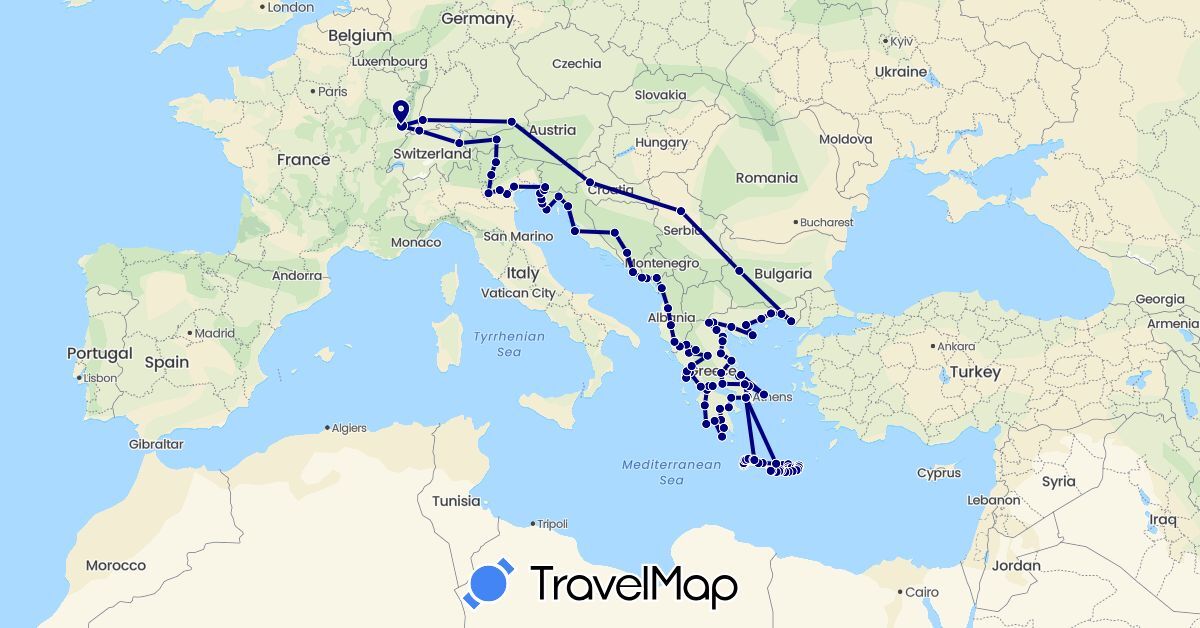 TravelMap itinerary: driving in Albania, Austria, Bosnia and Herzegovina, Bulgaria, Switzerland, Germany, France, Greece, Croatia, Italy, Liechtenstein, Montenegro, Serbia, Slovenia (Europe)